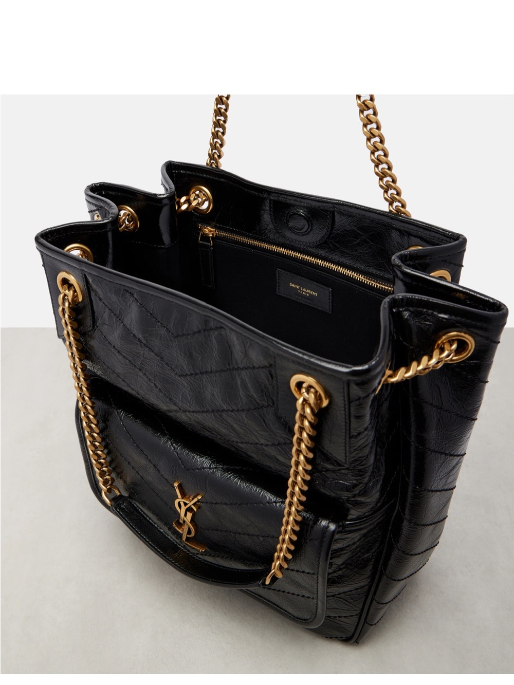 NWOT Saint Laurent Niki Large Tote Black Crinkled Leather Gold YSL - Picture 4 of 10